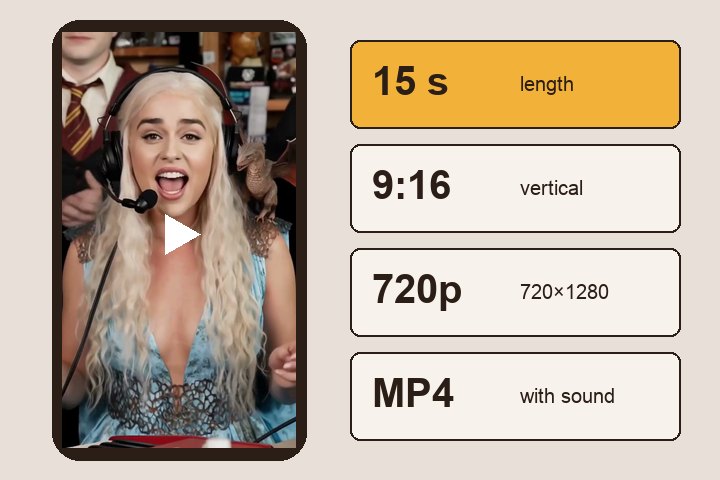 A finished Tiny Desk video: 15 seconds, 9:16, 720p MP4 with sound