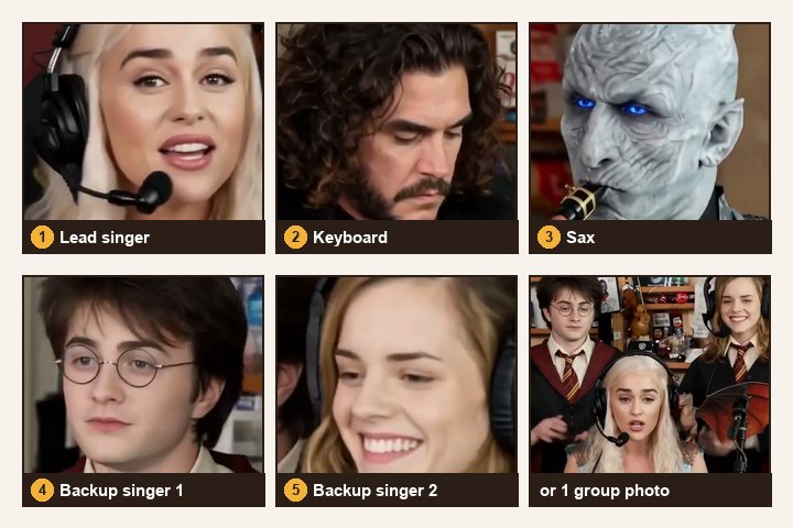 Tiny Desk band upload: five slots labeled lead singer, keyboard, sax, backup singer 1 and backup singer 2, plus a group photo option