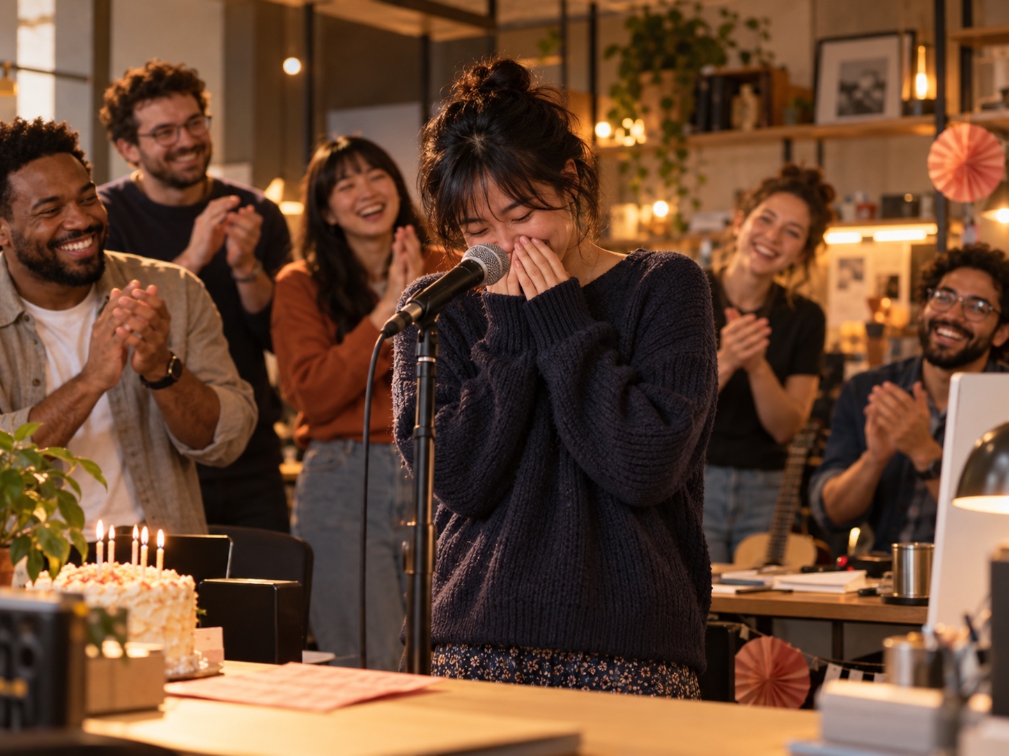 A smiling birthday person at a desk-concert microphone with a cake, gift and confetti