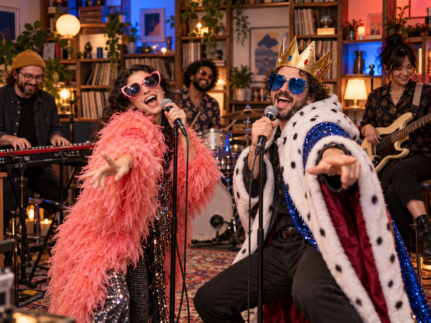 A playful staged parody performance with theatrical costume accessories in a desk-concert studio